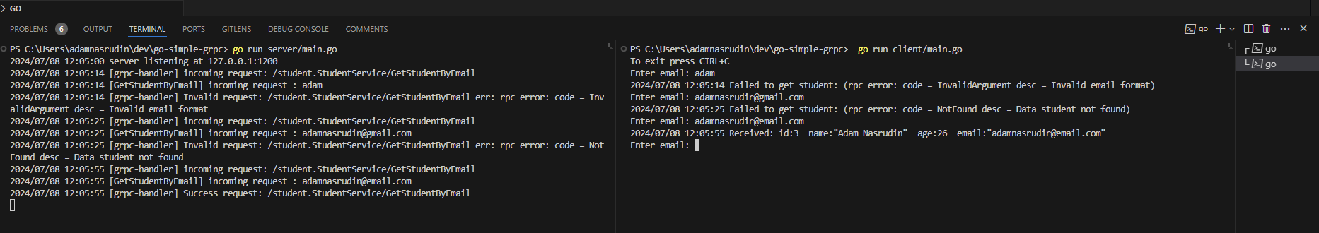 output client & server in terminal